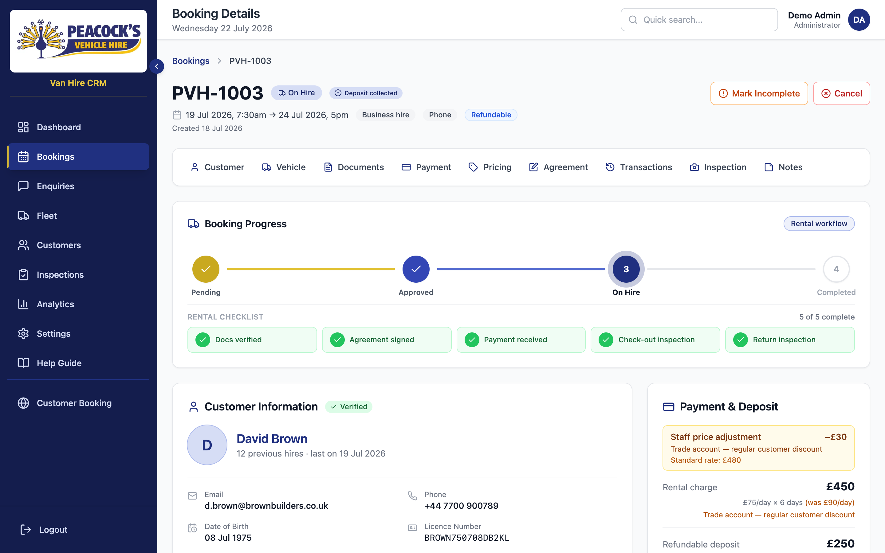 Booking detail — progress stepper, customer, vehicle, and payment sidebar