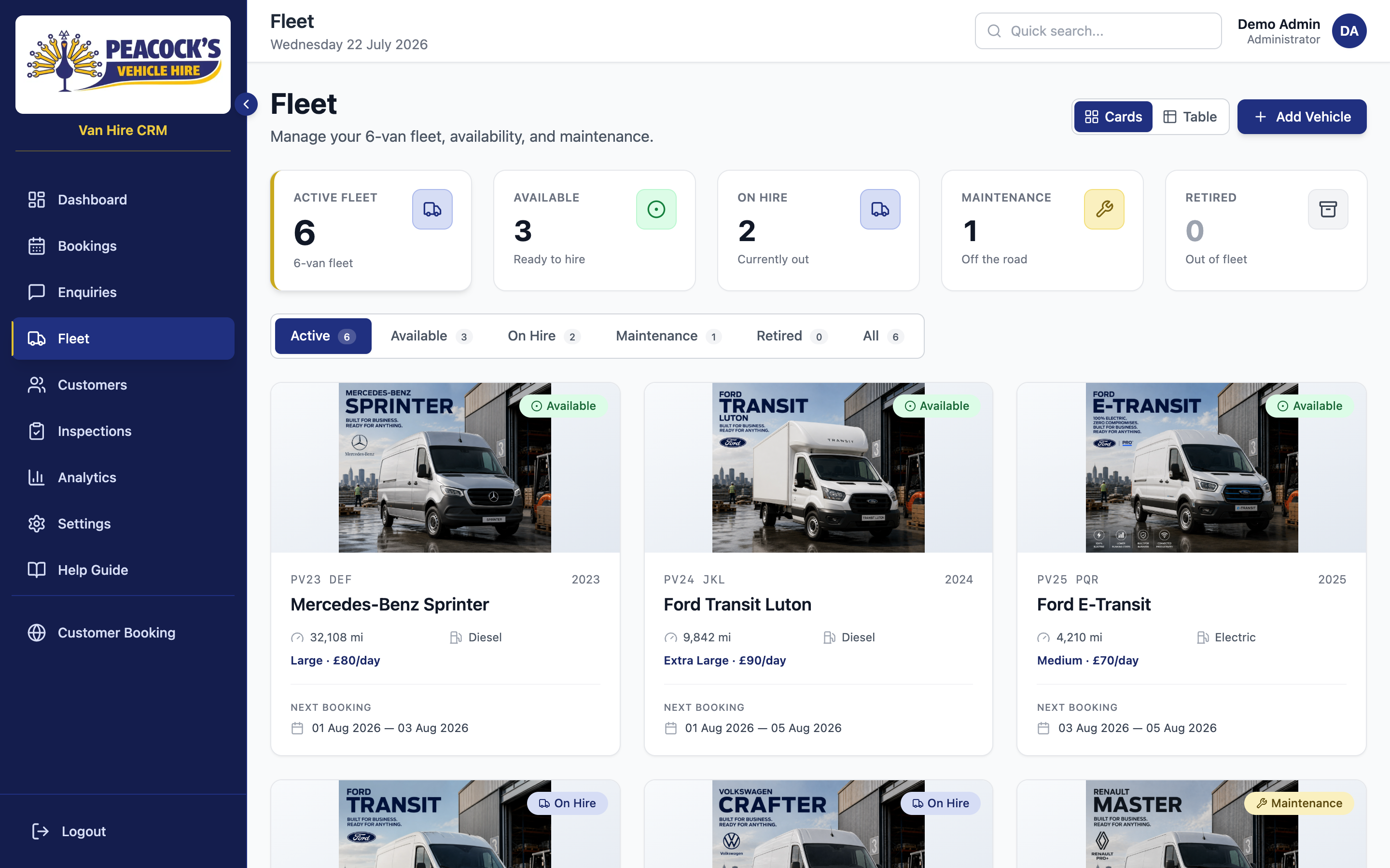Fleet overview — availability, MOT, and hire status at a glance