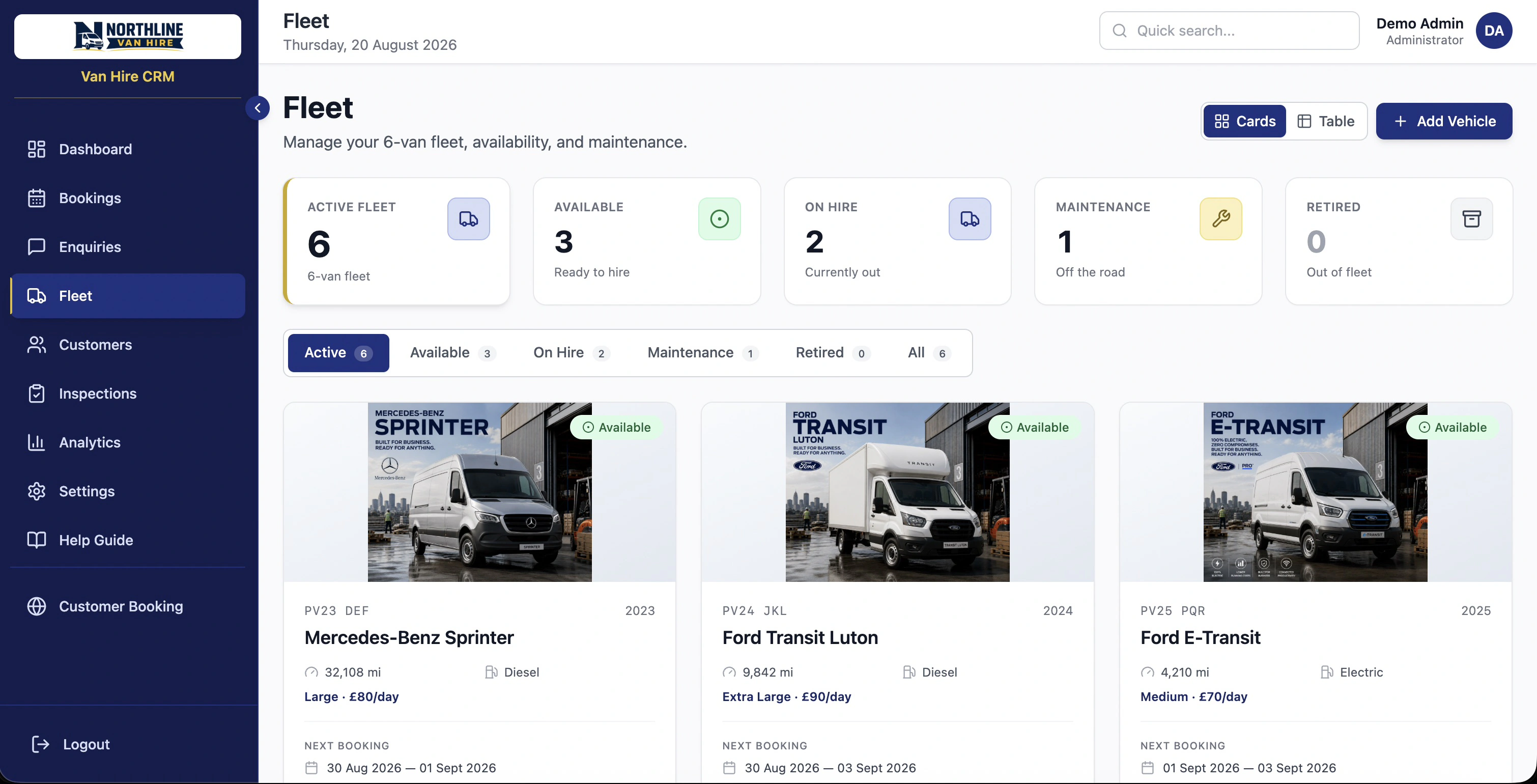 Fleet overview — availability, MOT, and hire status at a glance