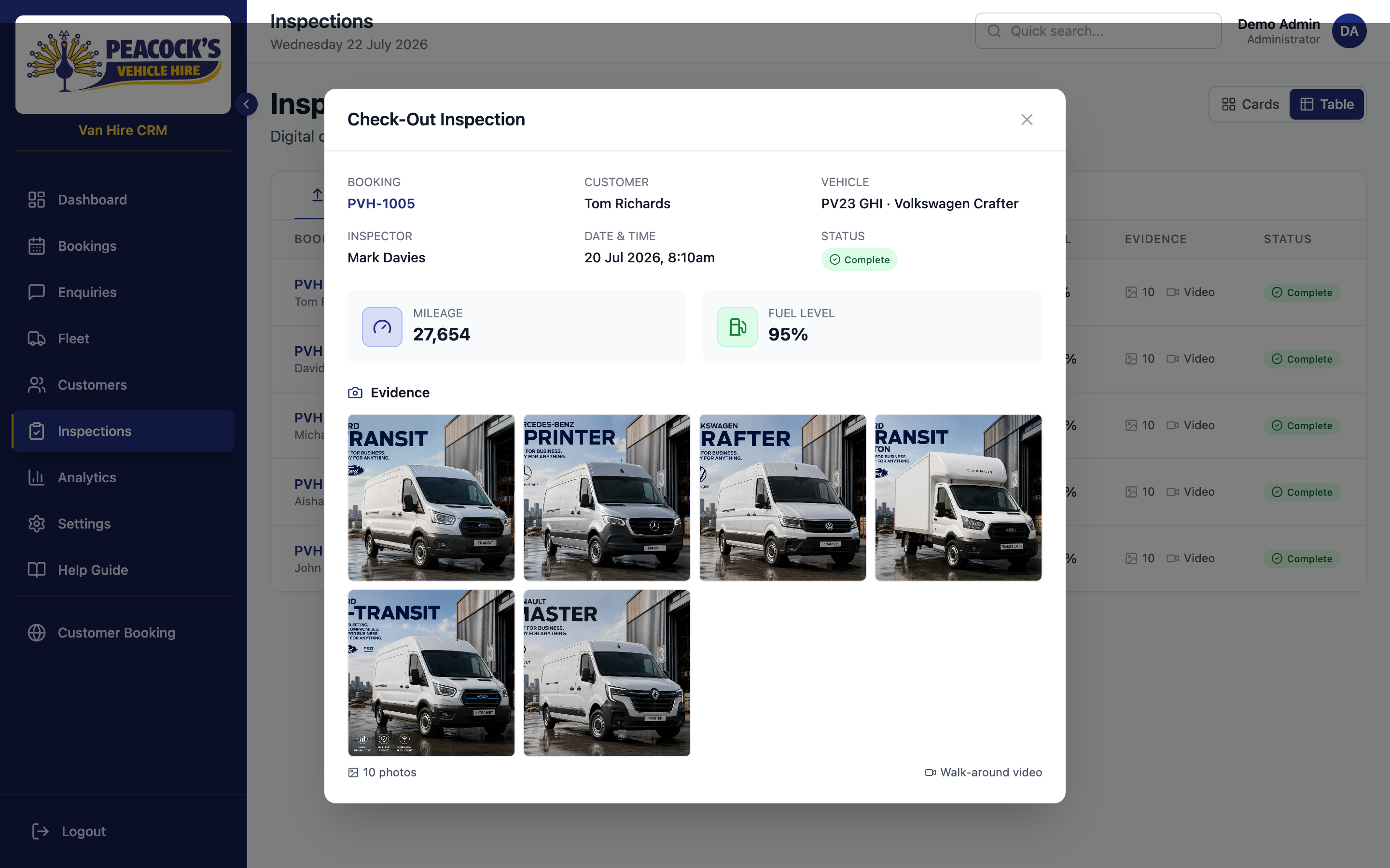 Inspection detail — mileage, fuel, photos, and condition evidence