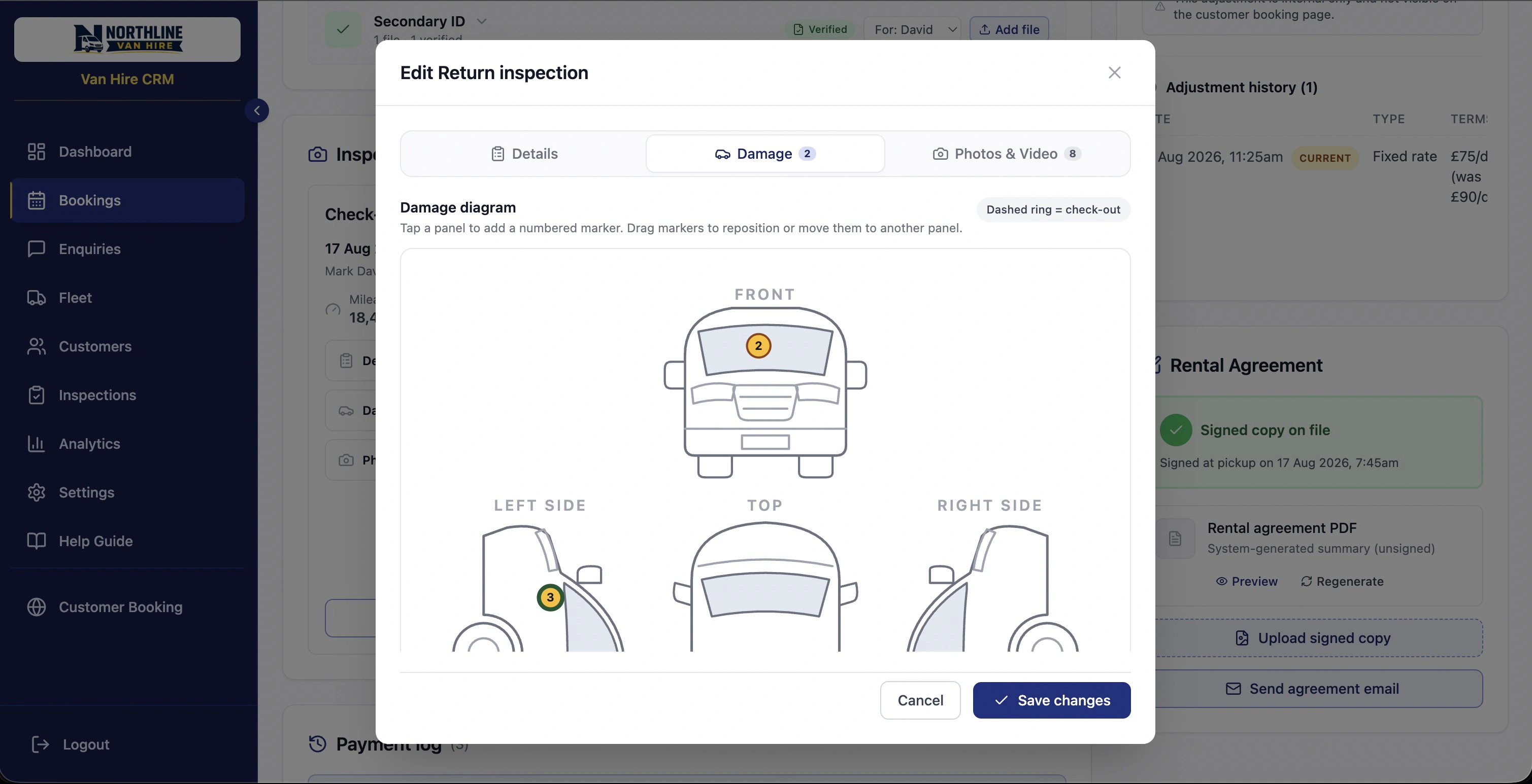 Damage diagram — vehicle outline with scratch/dent markers on hire
