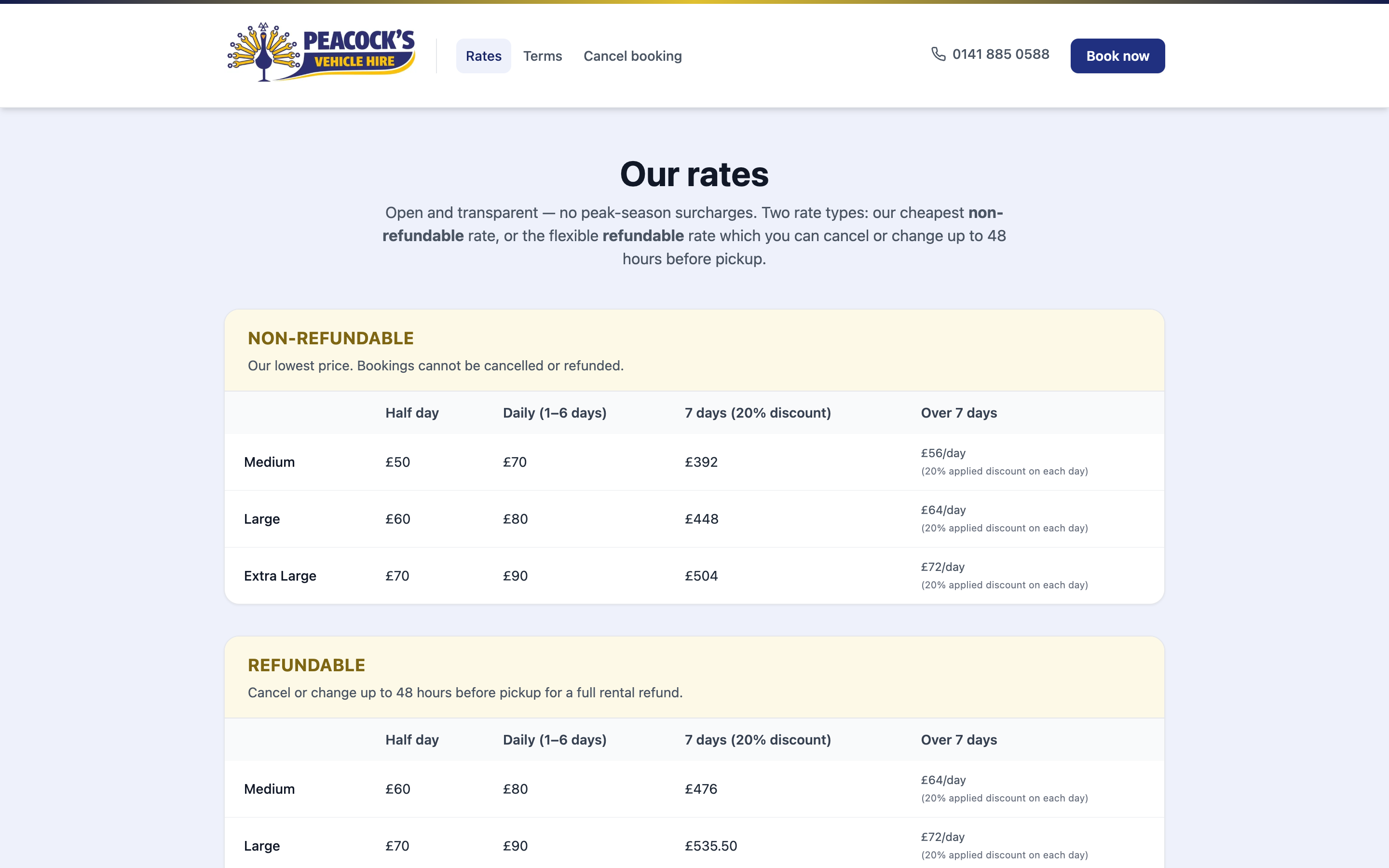 Public rates page — size tiers and refundable vs non-refundable