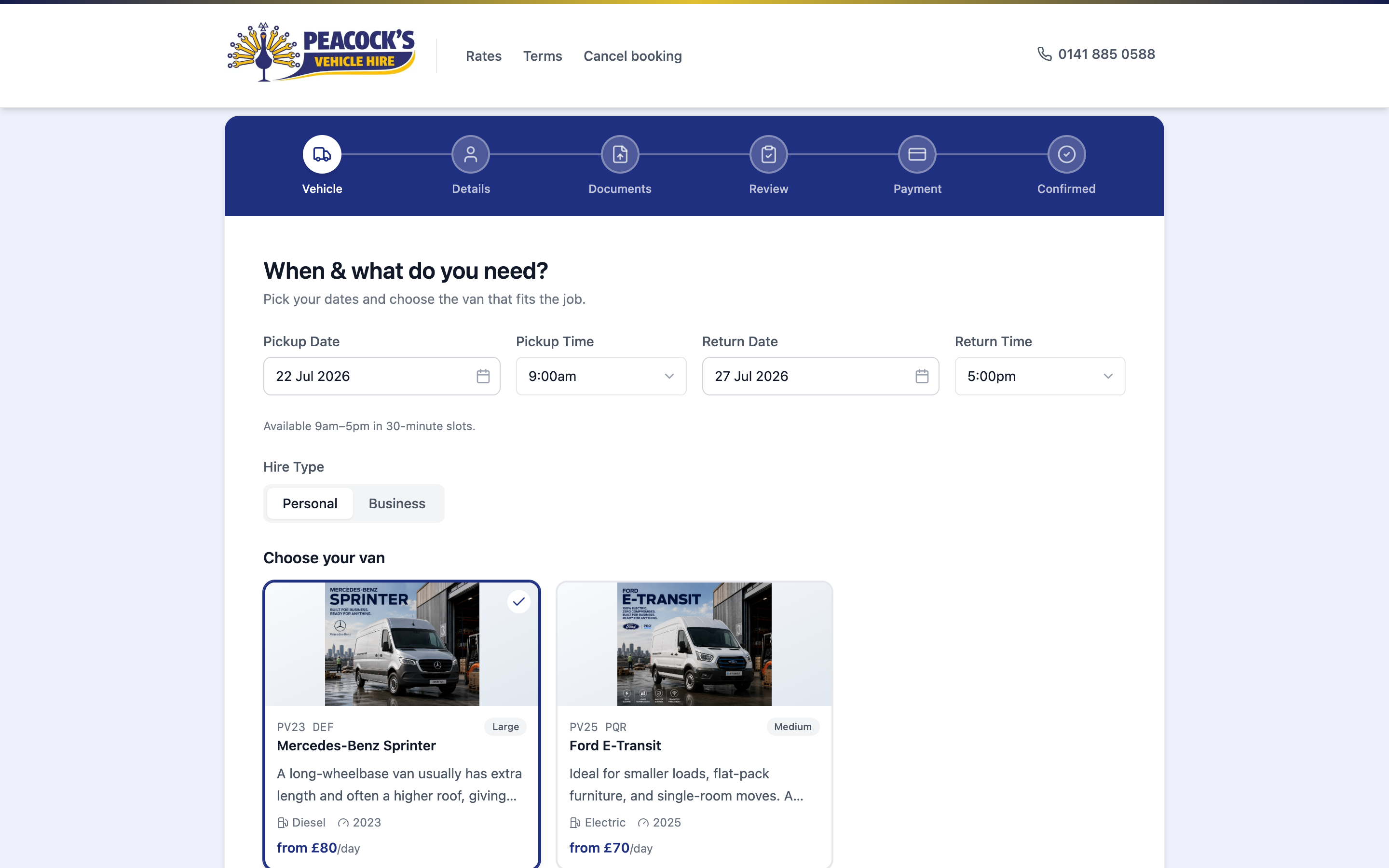 Booking step 1 — choose dates and available van