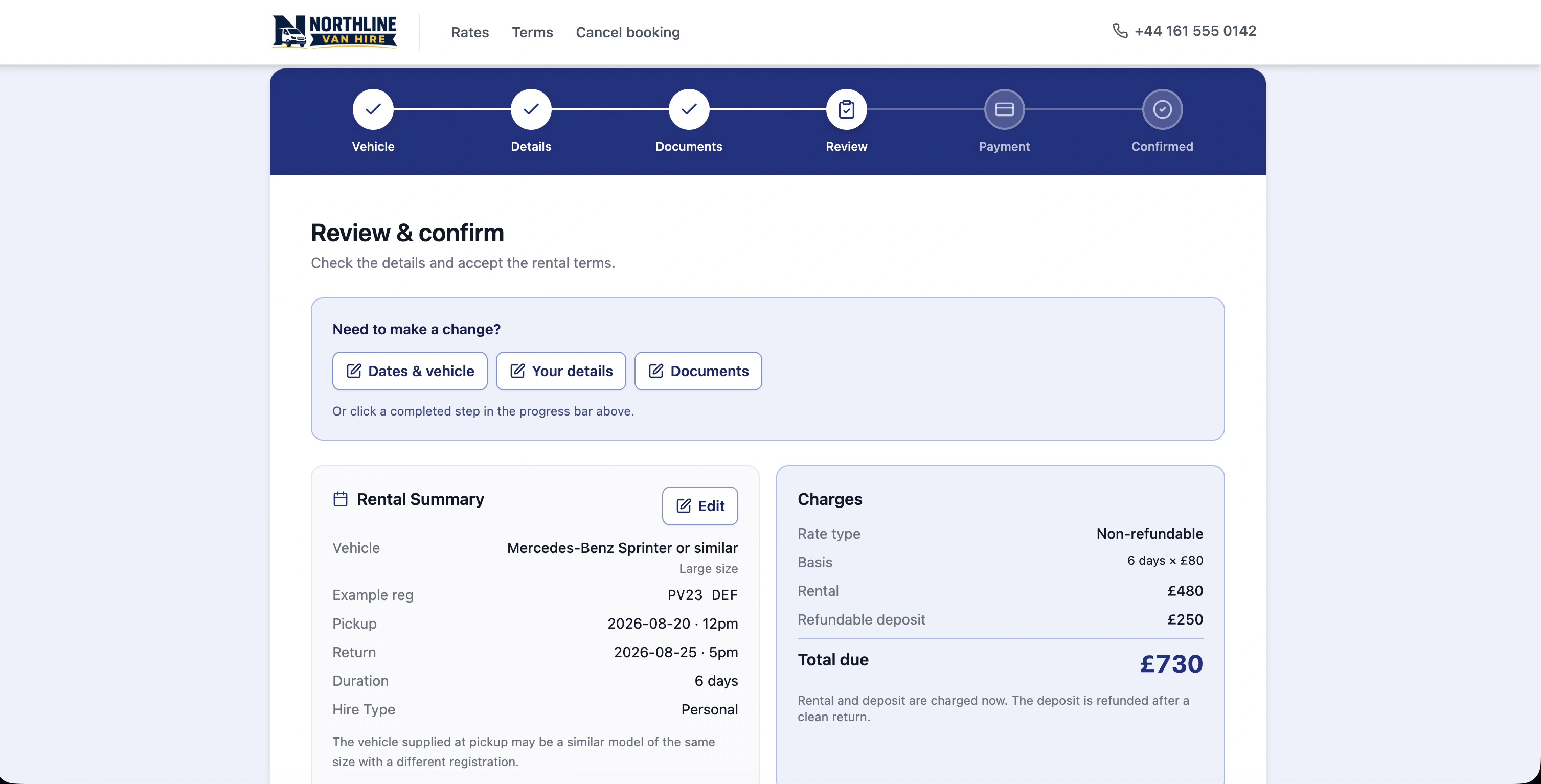 Booking step 4 — review hire summary before payment
