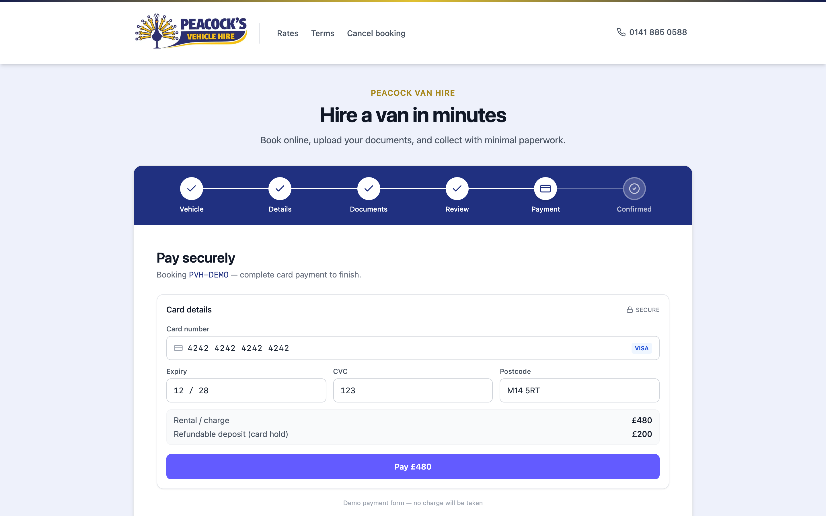 Booking step 5 — card payment and deposit hold
