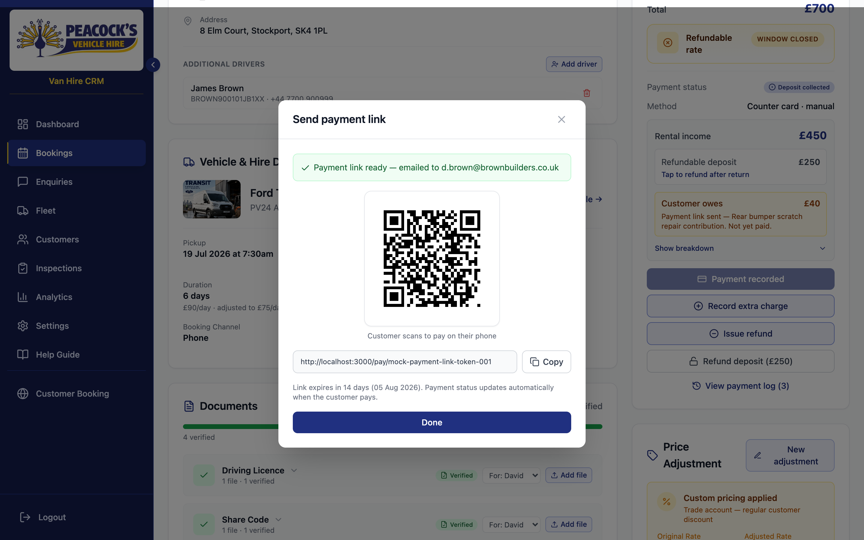 Payment link QR — customer scans at the counter to pay