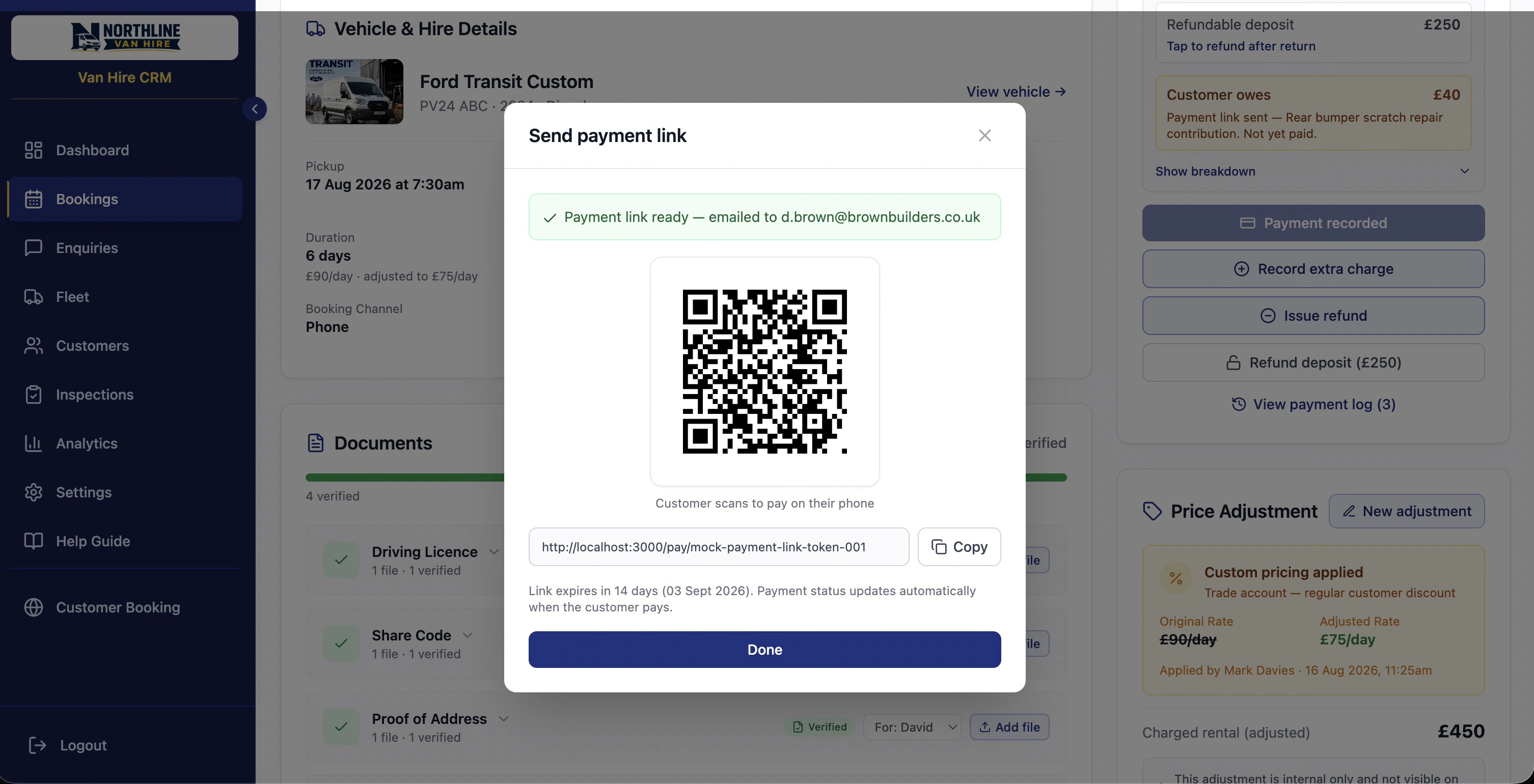 Payment link QR — customer scans at the counter to pay