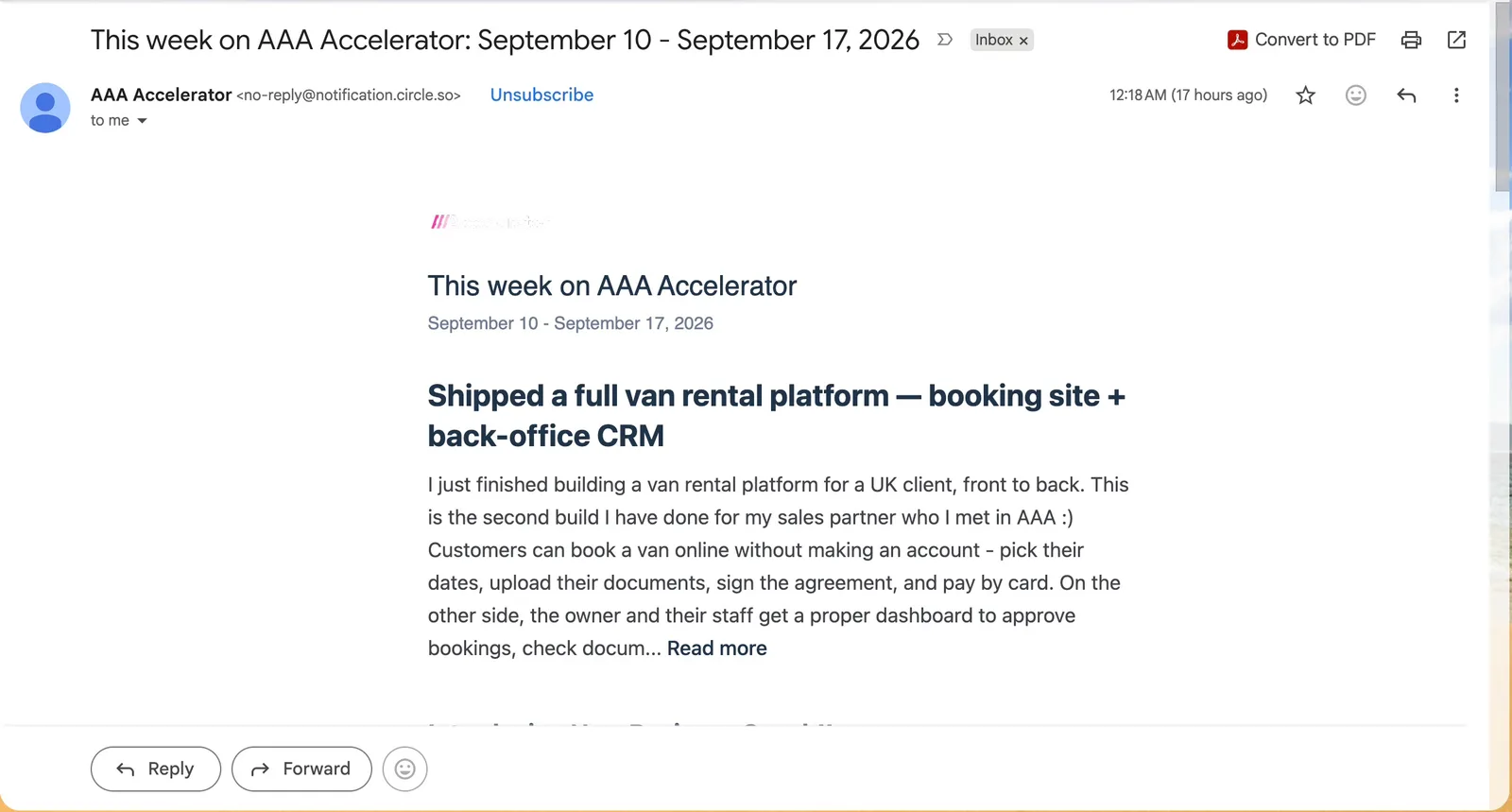 AAA Accelerator weekly newsletter featuring the van rental platform, 10–17 September 2026