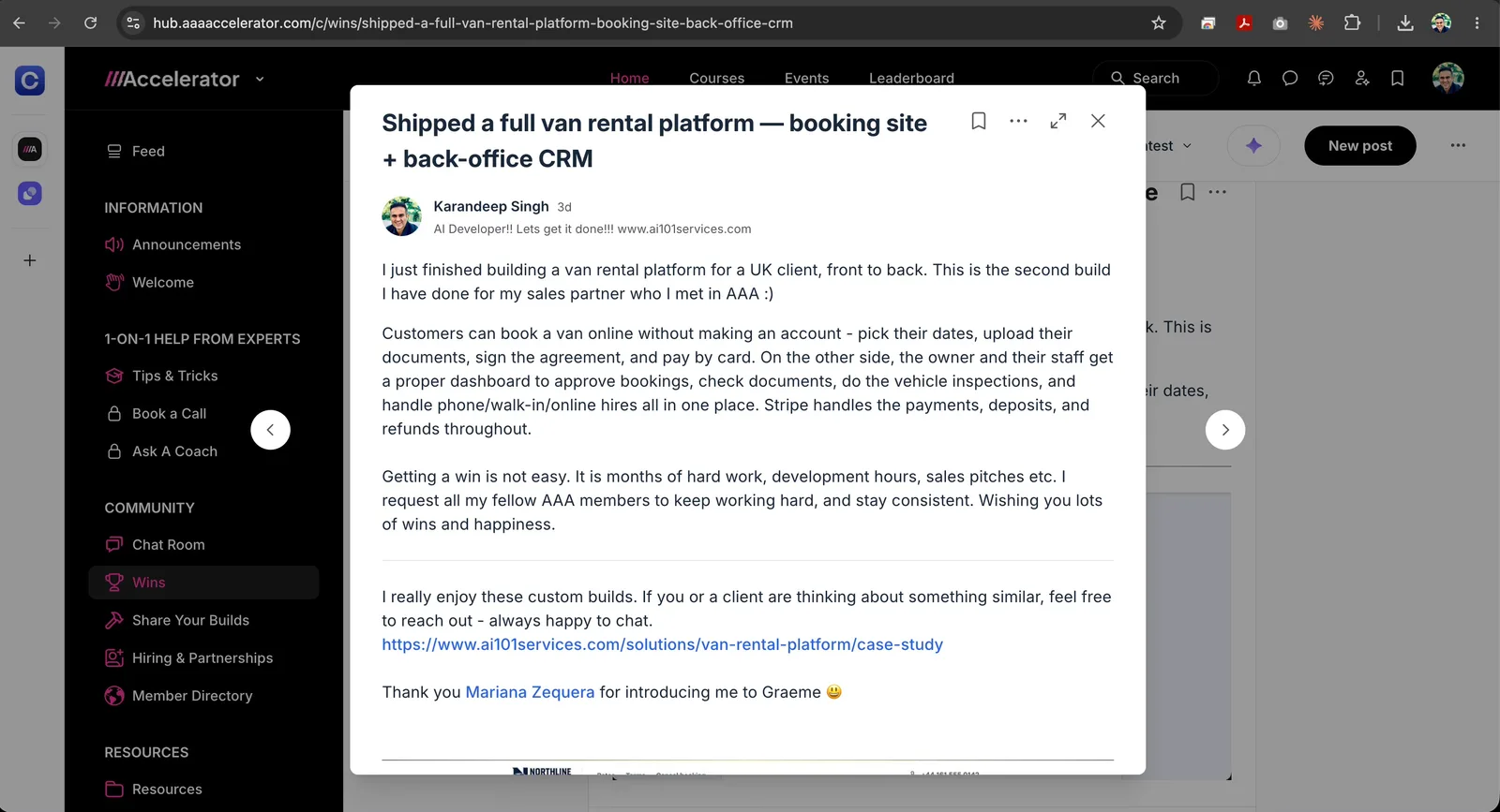 AAA Accelerator post about shipping a full van rental platform — booking site + back-office CRM