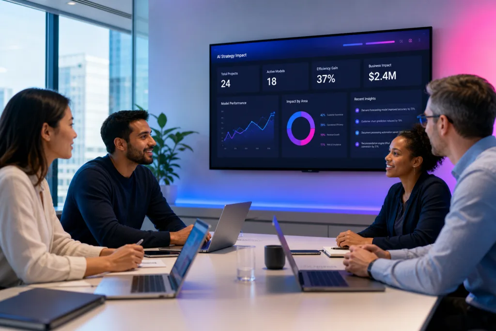 AI 101 team reviewing an AI strategy impact dashboard